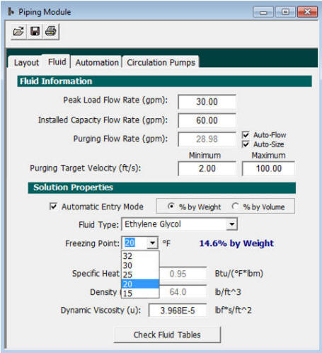 Select the fluid charicteristics for the loopfield system